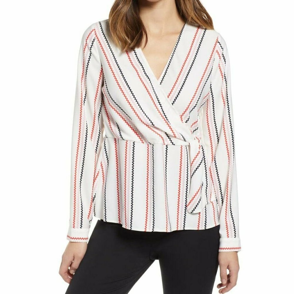 1901 Women's Surplice V-neck Tie Waist Top | Size - Medium | Ivory